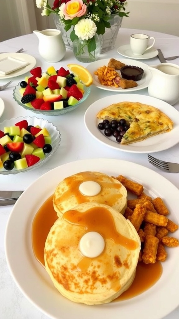 A vibrant brunch setup with fruit salad, pancakes, and quiche on a decorated table.